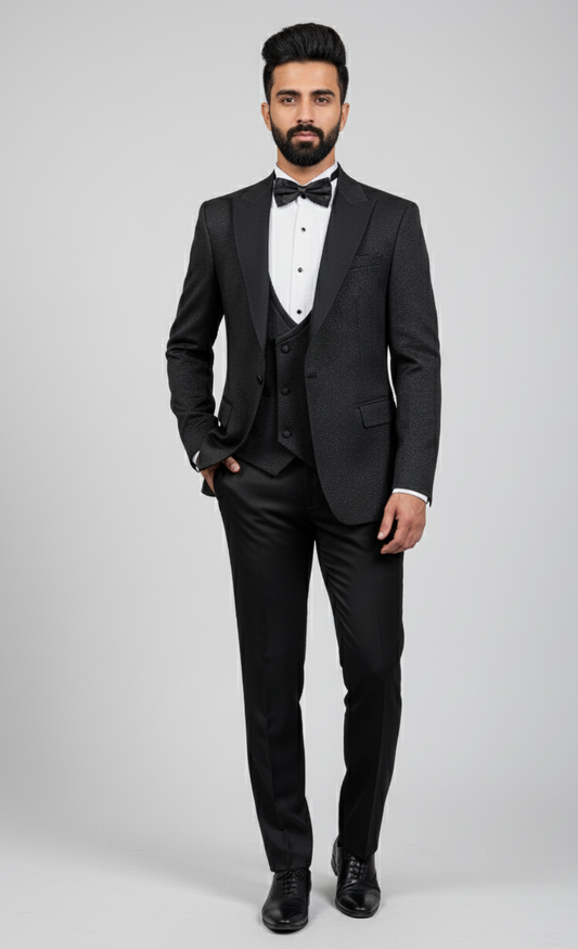Ebony Luxe – European Black Shimmer 3-Piece Tuxedo Suit