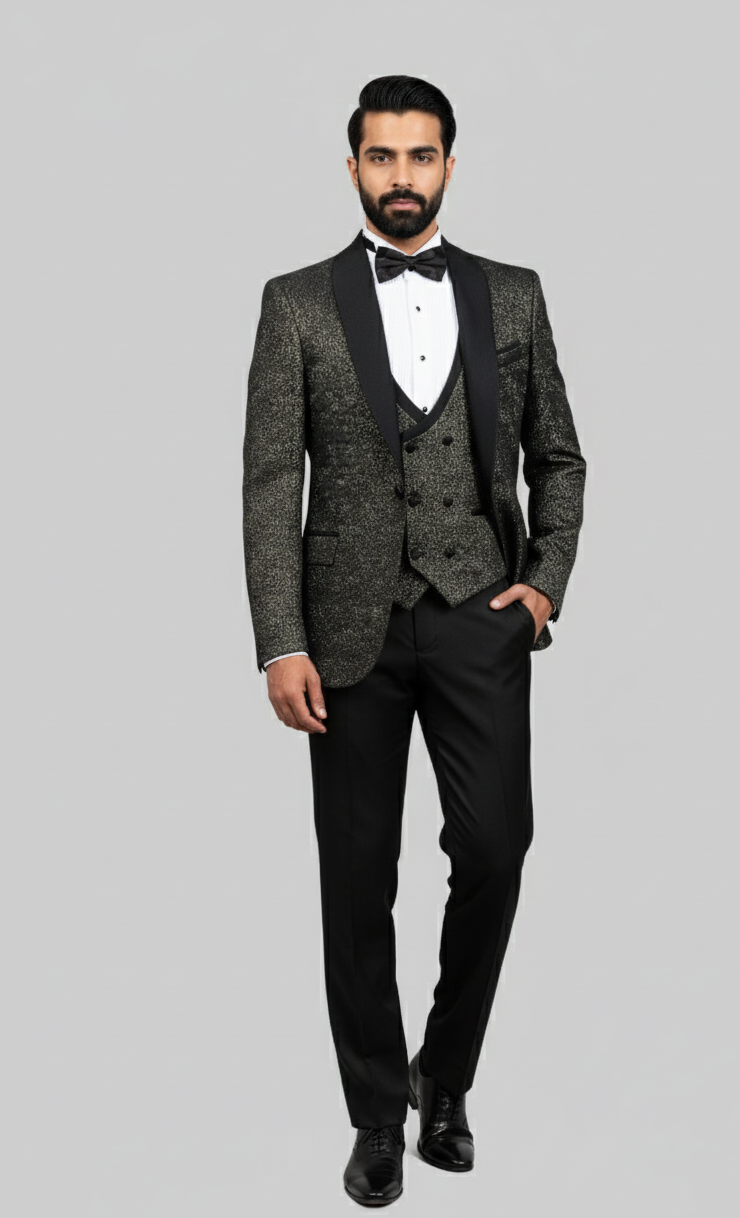 Midnight Aureate – European Black & Gold Textured 3-Piece Tuxedo Suit