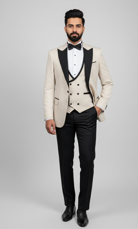 Champagne Soirée – European Beige Textured 3-Piece Tuxedo Suit