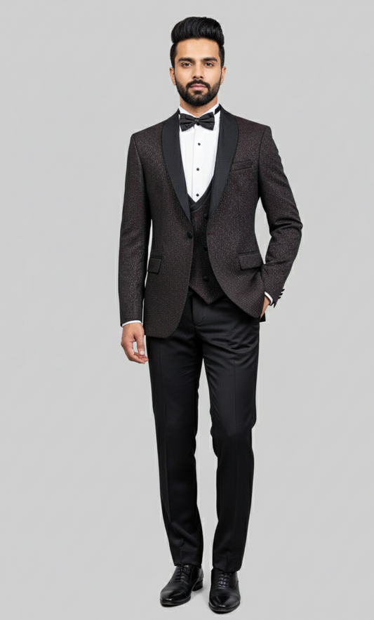 Obsidian Twilight – European Black & Maroon Textured 3-Piece Tuxedo Suit
