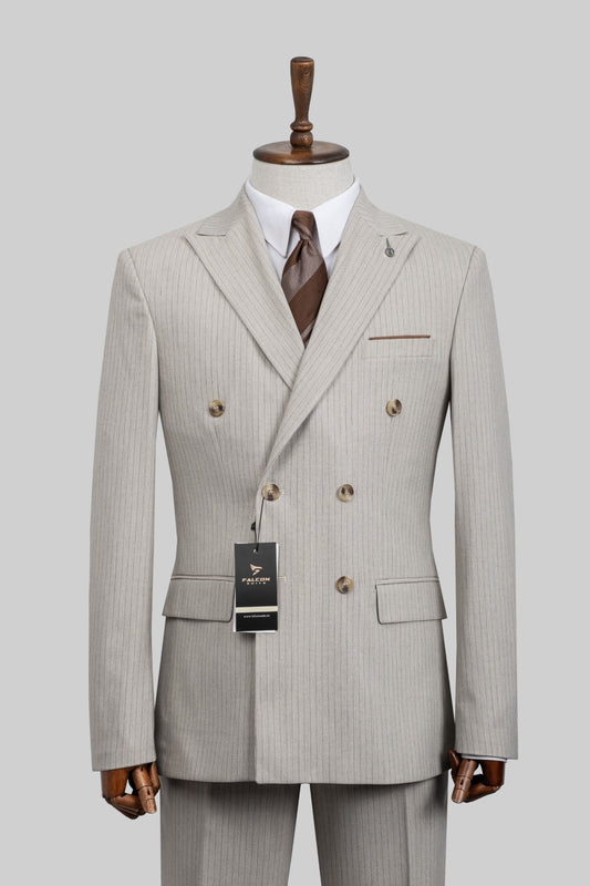 Sandstone Elegance – European Beige Pinstripe Double-Breasted 2-Piece Suit