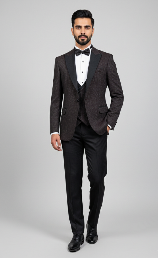 Midnight Grid – European Black & Maroon Patterned 3-Piece Tuxedo Suit