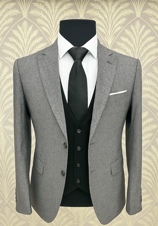 Imported Light Grey & Black Slim Fit 3-Piece Suit – Classic Formal Suit for Men
