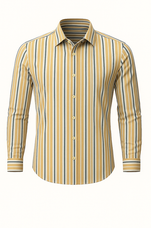 Men’s Mustard Yellow & Blue Vertical Striped Slim Fit Casual Shirt – Full Sleeves | Modern Statement Shirt