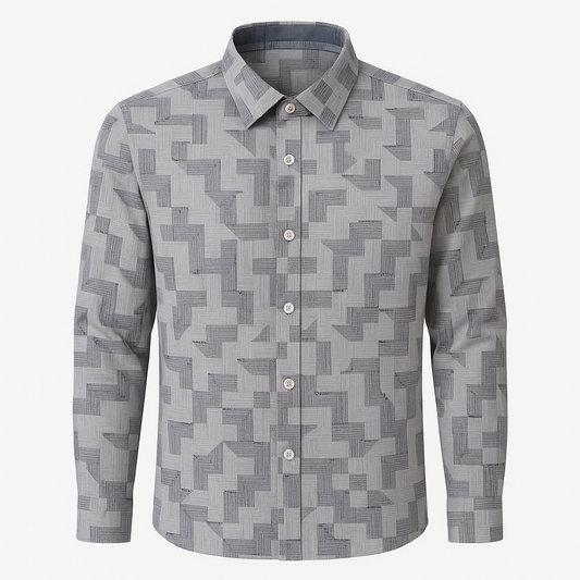 Men’s Grey Geometric Printed Slim Fit Casual Shirt – Full Sleeves | Modern Patterned Shirt for Men
