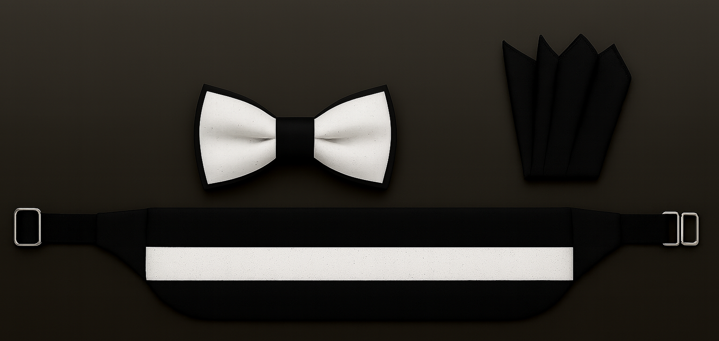 Men’s Imported Tuxedo Accessory Set – Bow Tie, Pocket Square & Cummerbund (Available in Blue Print, White, Royal Blue, and Black)