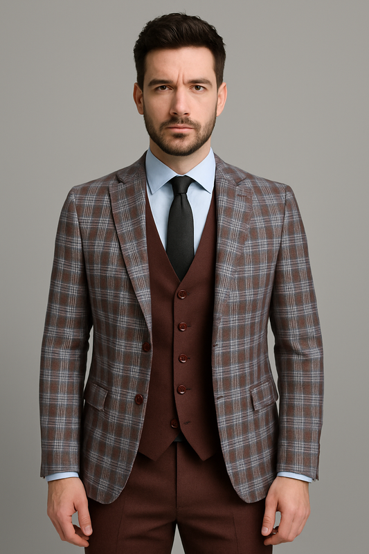 Brown Checkered Three-Piece Suit (Imported)