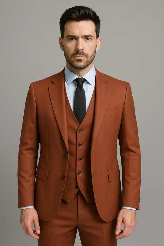 Burnt Rust Slim Fit 3-Piece Suit with Classic Waistcoat (Imported)