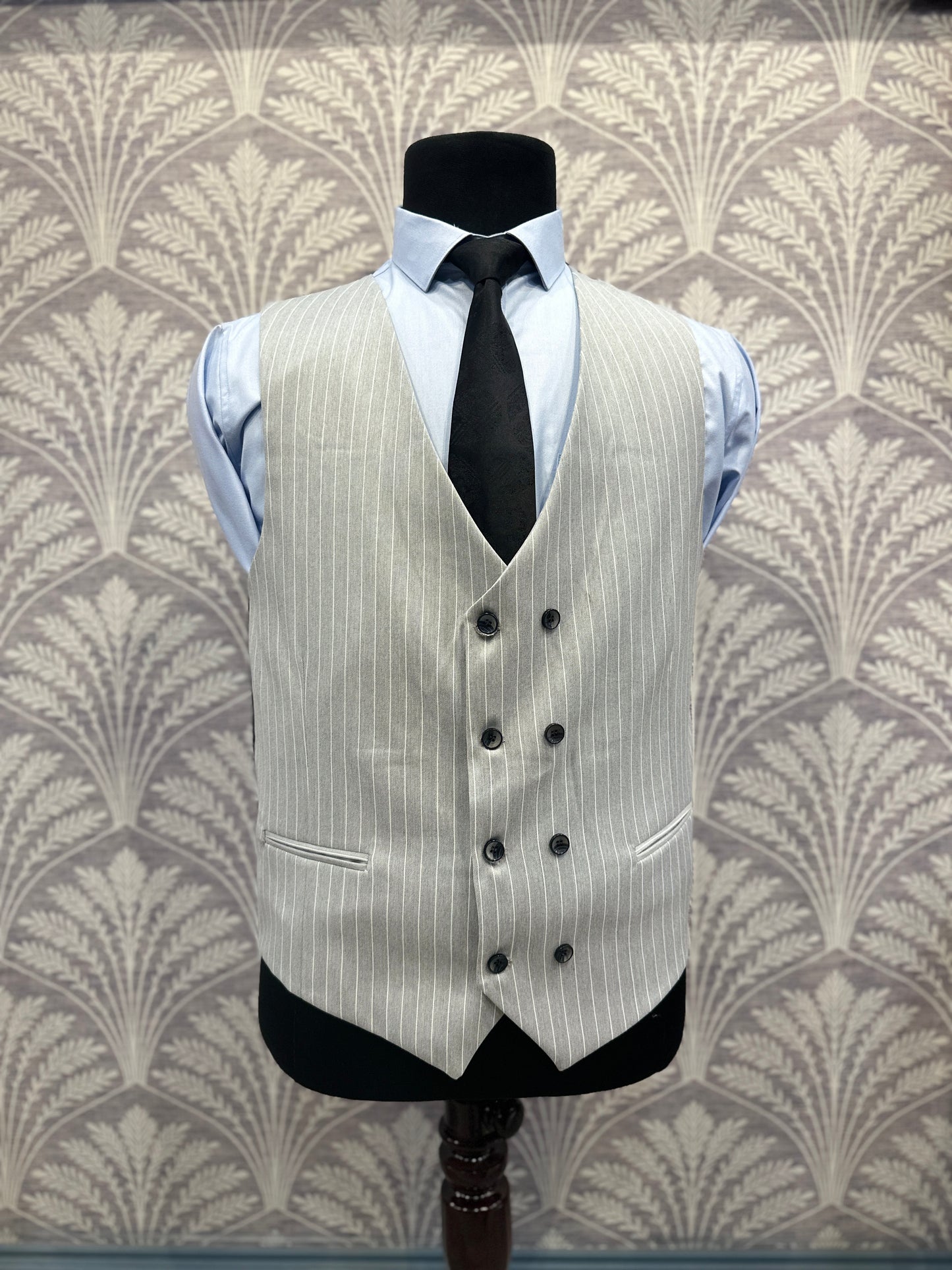 Light Grey Pinstripe Three-Piece Suit with Double-Breasted Waistcoat (Imported)
