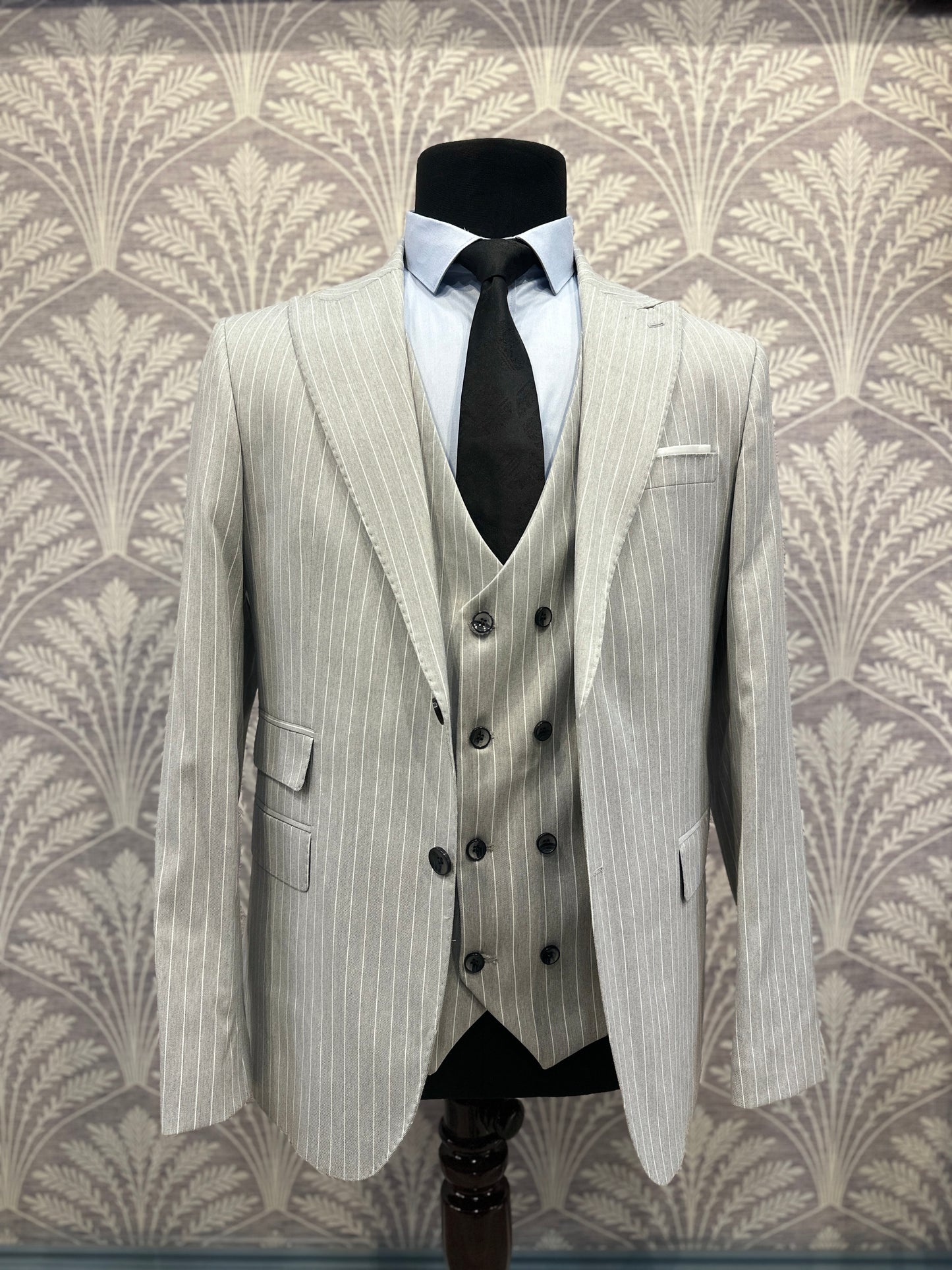 Light Grey Pinstripe Three-Piece Suit with Double-Breasted Waistcoat (Imported)
