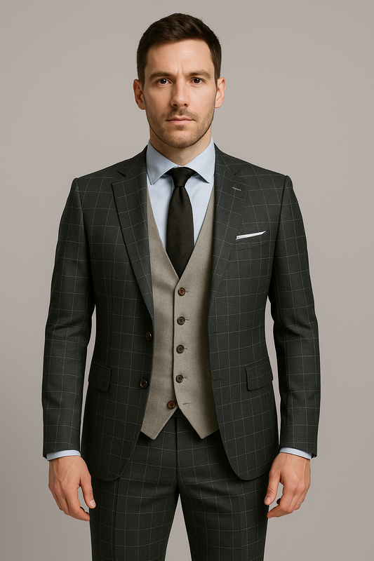 Green Check Three-Piece Slim fit Suit (Imported)