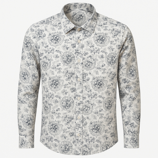 Men’s White & Gray Floral Medallion Slim Fit Casual Shirt – Effortless Style for Everyday Wear