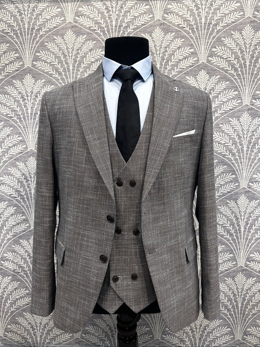Brown Textured Slim Fit Three-Piece Suit with Double-Breasted Waistcoat (Imported)