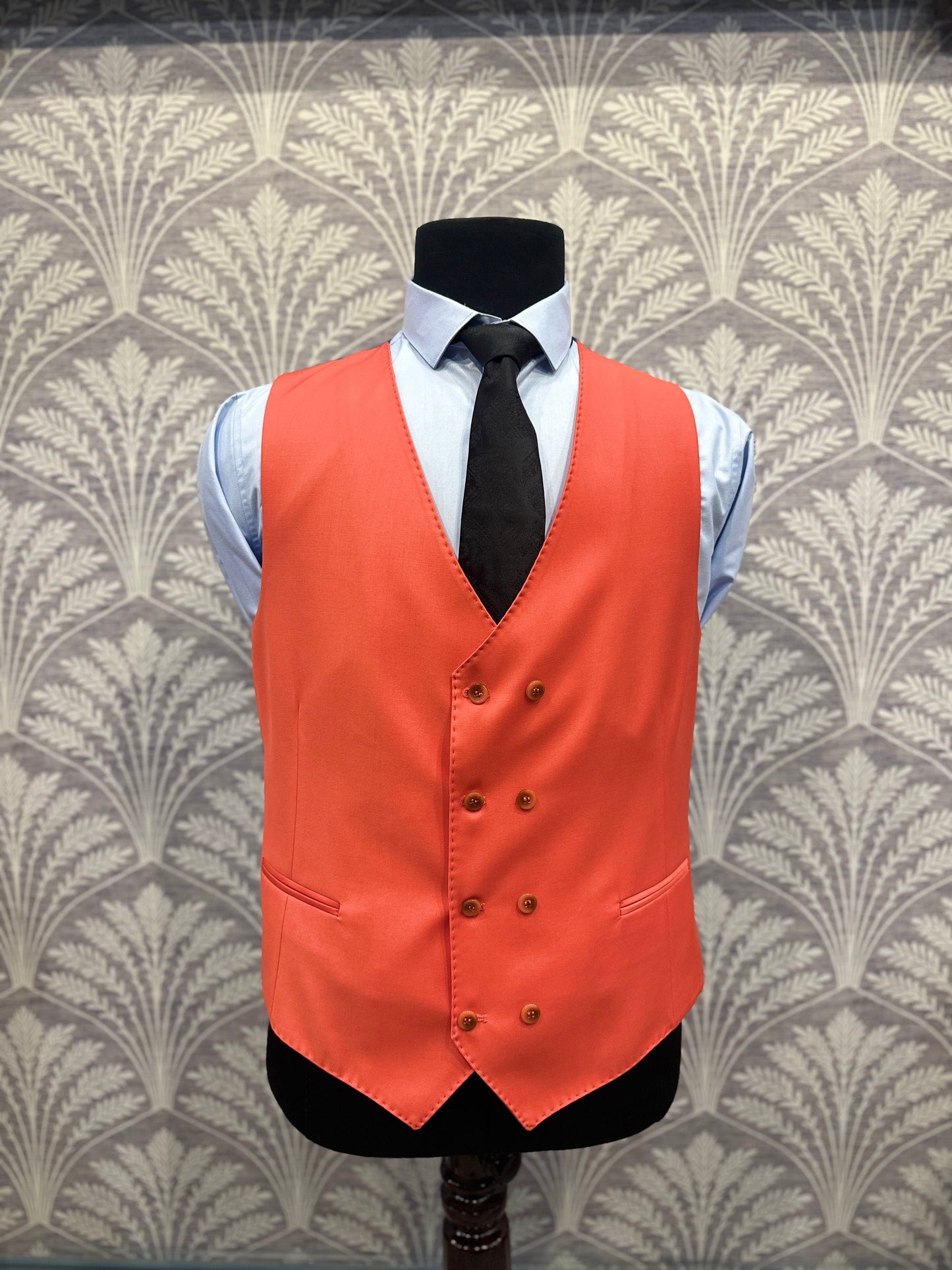 Coral Red Slim Fit Three-Piece Suit with Double-Breasted Waistcoat (Imported)