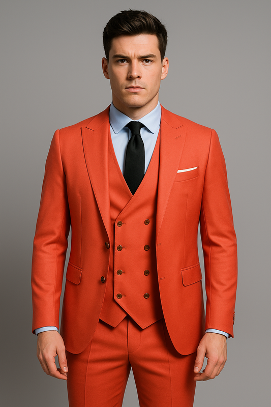 Coral Red Slim Fit Three-Piece Suit with Double-Breasted Waistcoat (Imported)