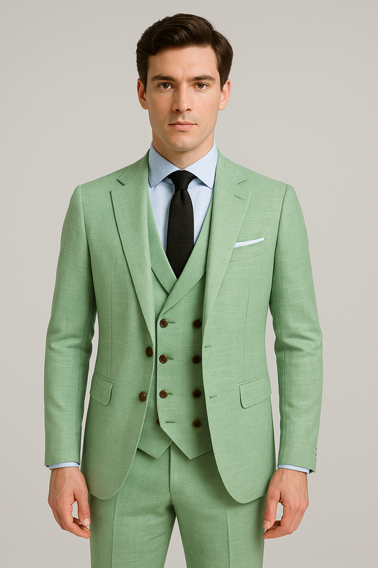 Mint Green Textured Three-Piece Suit with Double-Breasted Waistcoat (Imported)