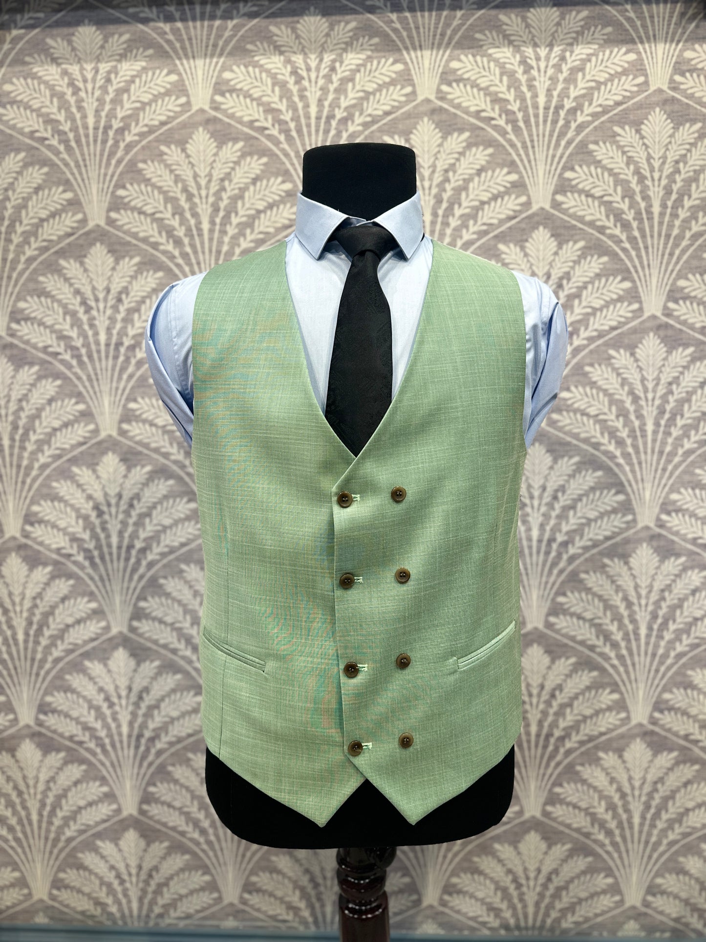Mint Green Textured Three-Piece Suit with Double-Breasted Waistcoat (Imported)