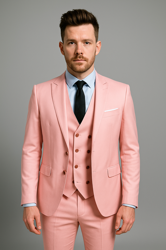 Blush Pink Slim Fit Three-Piece Suit with Double-Breasted Waistcoat (Imported)