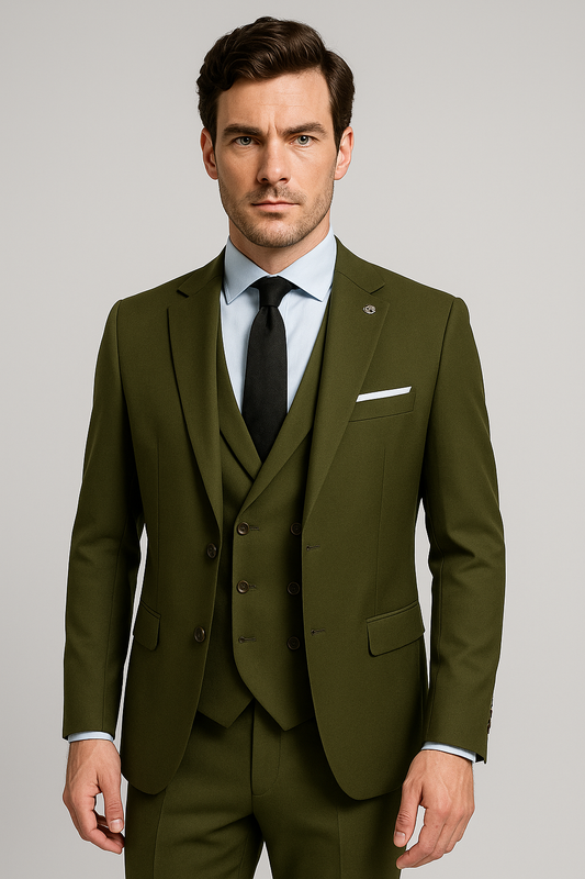 Deep Green Slim Fit Three-Piece Suit with Double-Breasted Waistcoat (Imported)