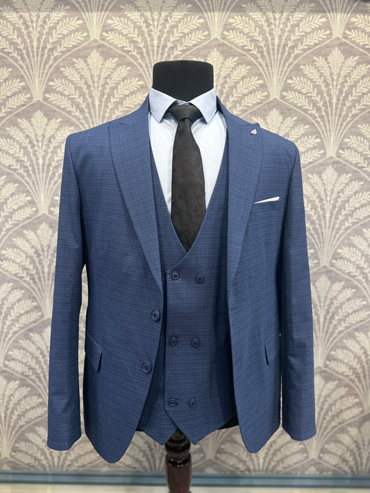 Imported Navy Blue Micro-Check 3-Piece Slim Fit Suit – Classic Formal Wear for Men