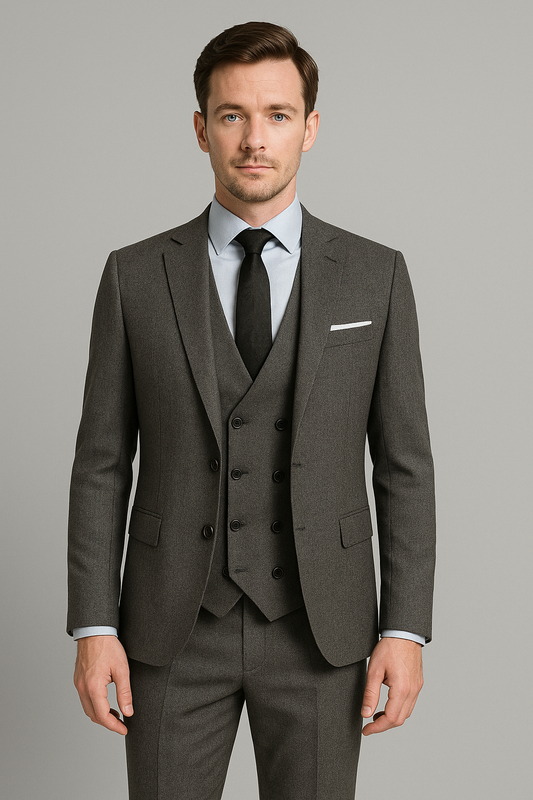 Graphite Grey 3-Piece Slim Fit Suit with Double-Breasted Waistcoat (Imported)