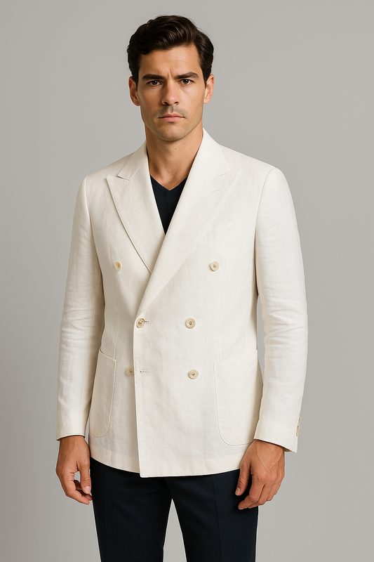 White Linen Double Breasted Blazer Slim-fit (Imported)