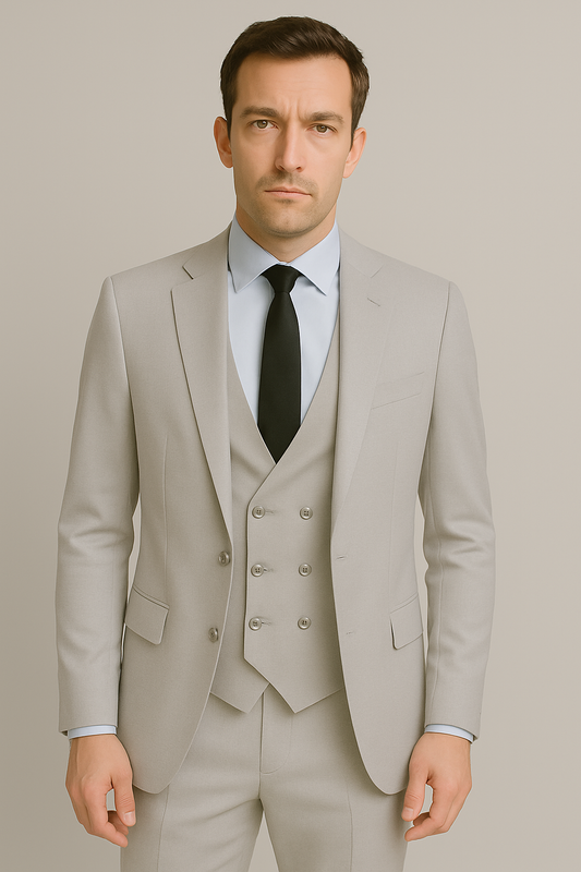 Light Grey Three-Piece Slim Fit Suit with Double-Breasted Waistcoat (Imported)