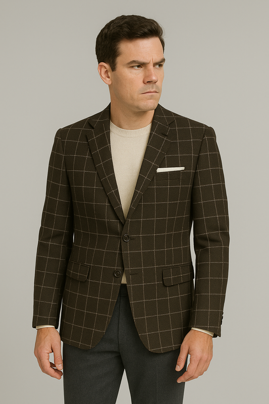 Brown Check Blazer with White Line Details Slim-fit (Imported)
