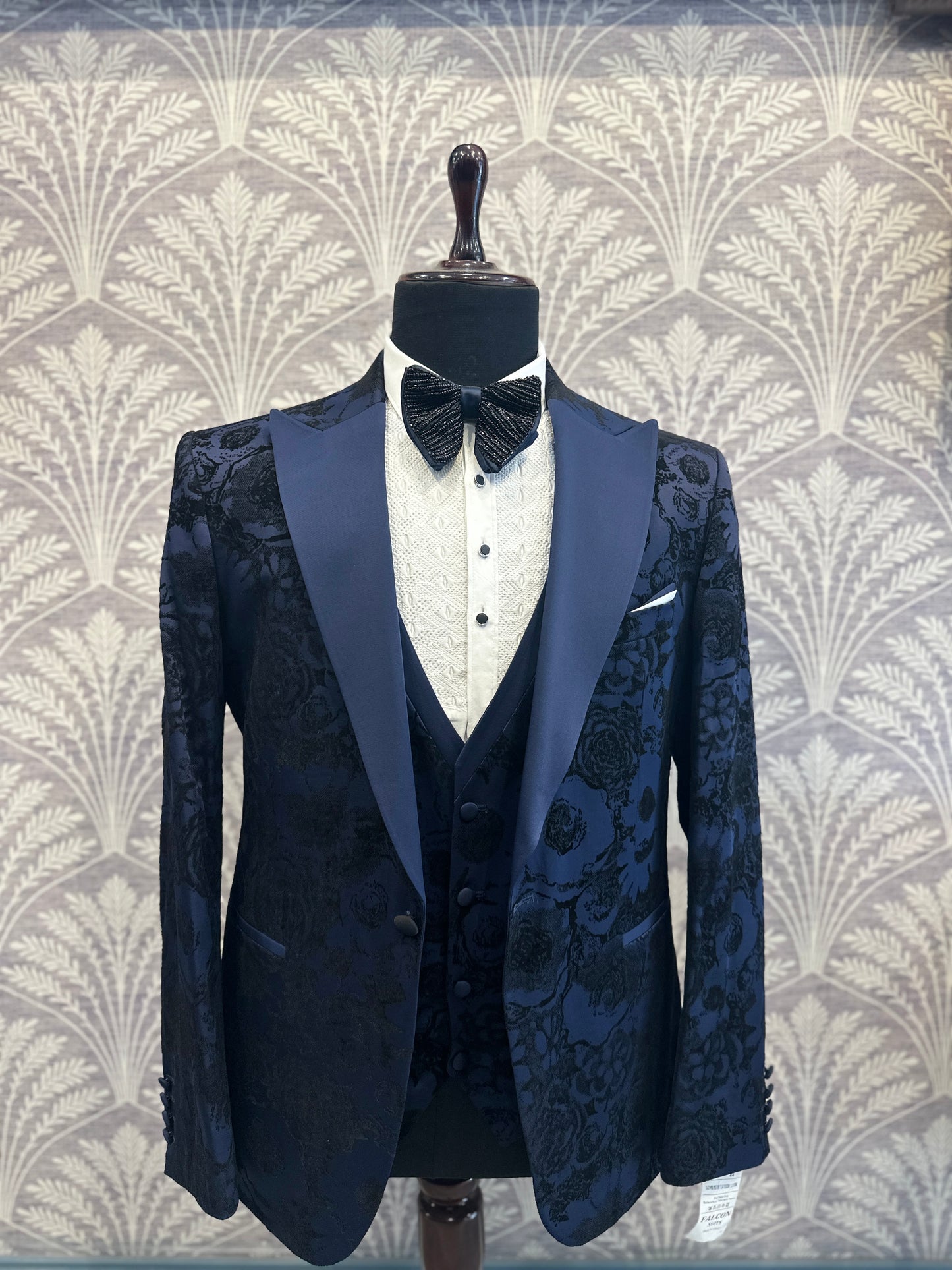 Midnight Blue Floral Jacquard Tuxedo – Slim Fit 3 Piece Set