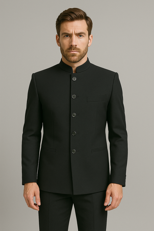 Classic Black Slim Fit Bandhgala Suit with Pants (Imported)