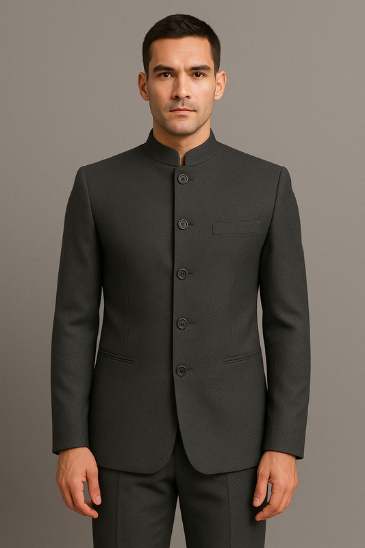 Charcoal Grey Slim Fit Bandhgala Suit with Pants (Imported)