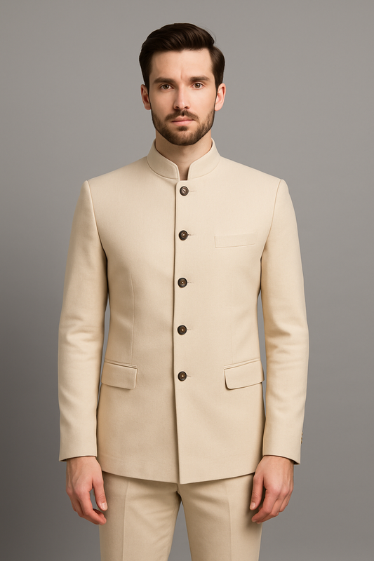 Classic Cream Slim Fit Bandhgala Suit with Pants (Imported)