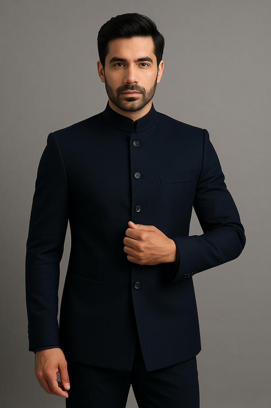 Royal Blue Slim Fit Bandhgala Suit with Pants (Imported)