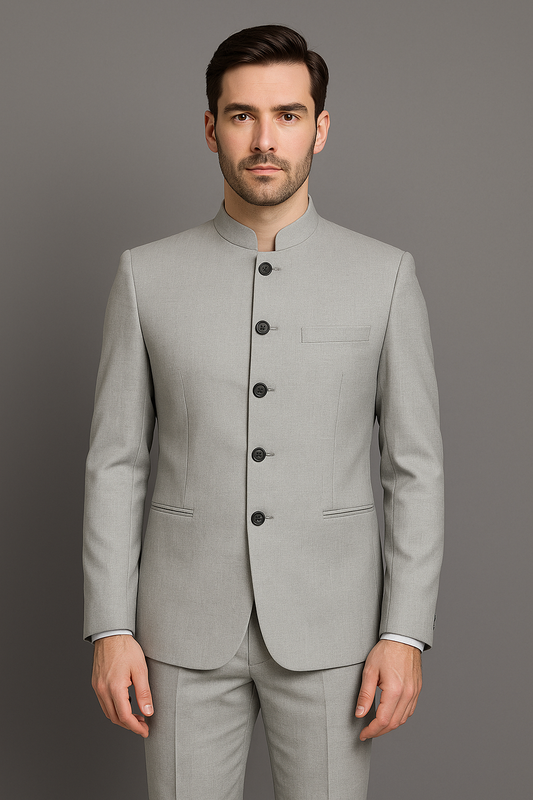 Light Grey Slim Fit Bandhgala Suit with Pants (Imported)