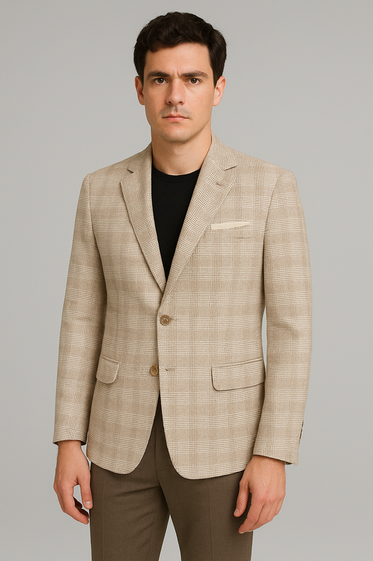 Beige Textured Check Blazer – Regular Fit (Indian Collection)