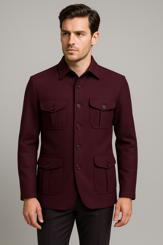 Wine Four-Pocket Utility Blazer – Regular Fit (Indian Collection)