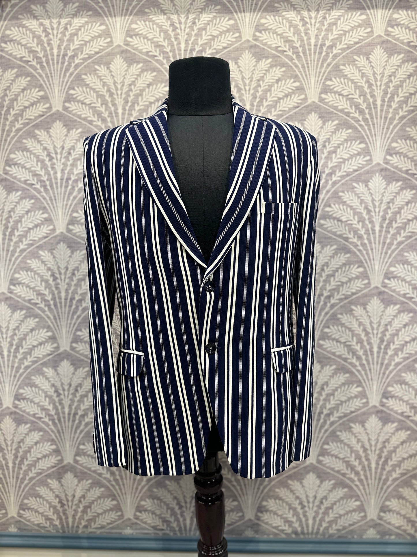 Navy & White Vertical Striped Blazer – Regular Fit (Indian Collection)