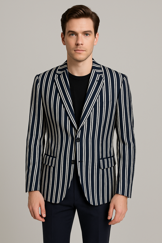 Navy & White Vertical Striped Blazer – Regular Fit (Indian Collection)