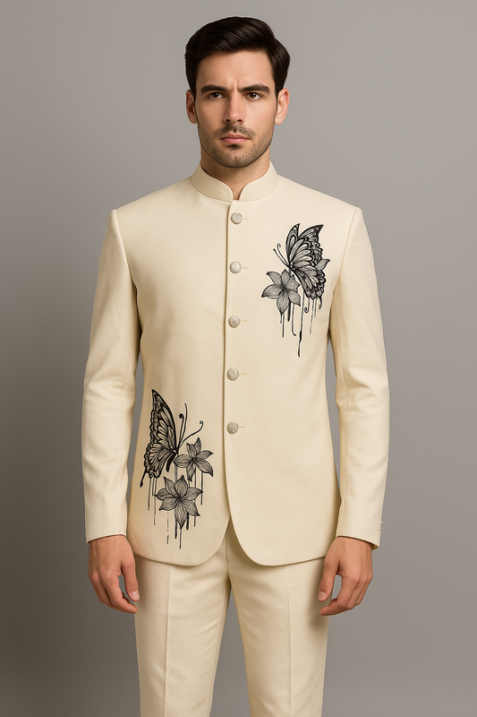 Ivory Embroidered Bandhgala Suit – 2 Piece | Regular Fit (Indian Collection)