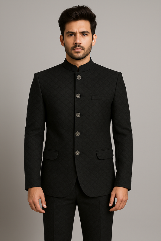 Black Textured Bandhgala Suit – 2 Piece | Regular Fit (Indian Collection)