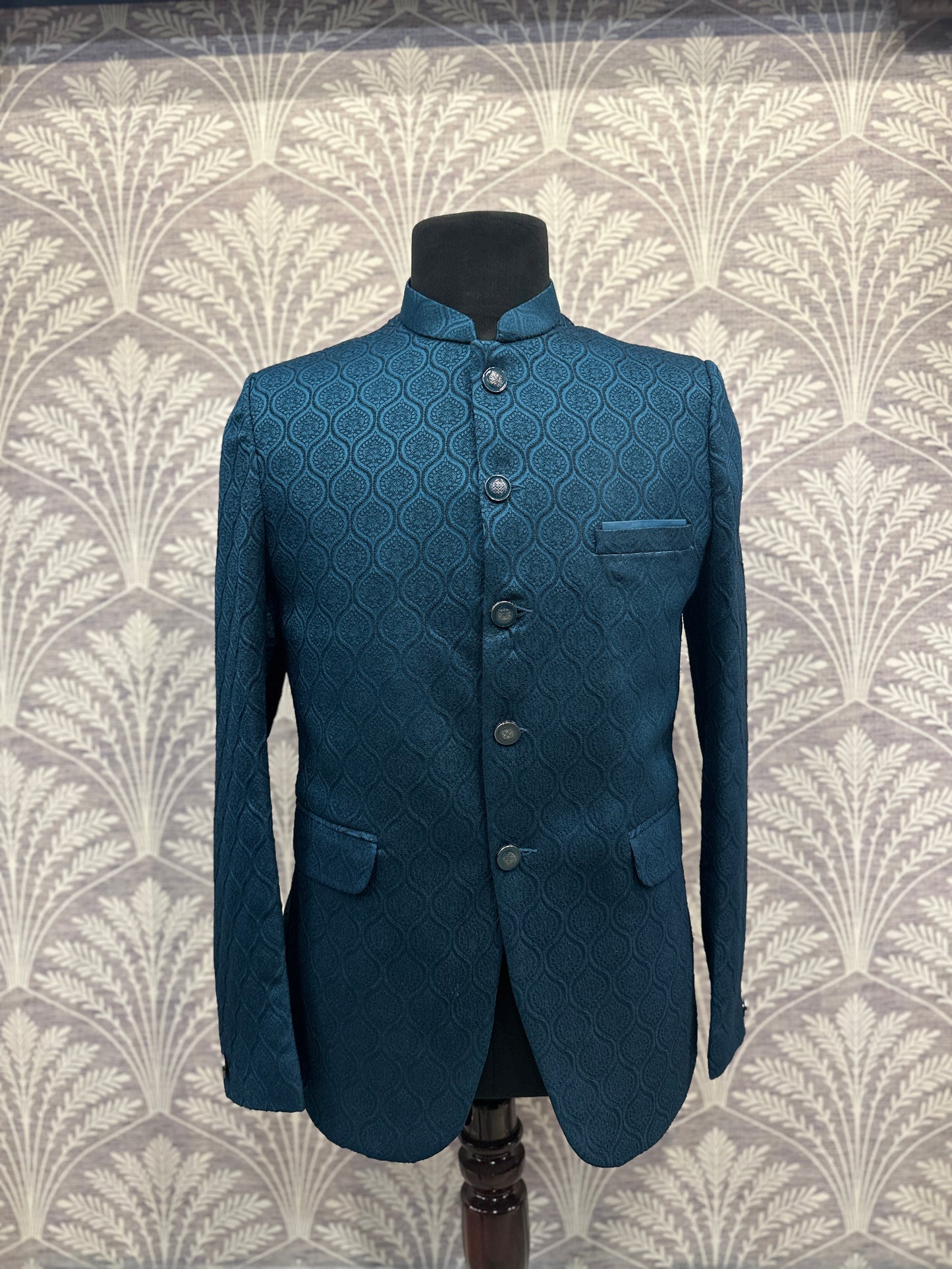 Teal Blue Jacquard Bandhgala Blazer – Regular Fit (Indian Collection)