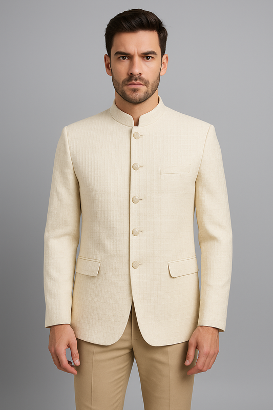 Ivory Textured Bandhgala Blazer – Regular Fit (Indian Collection)