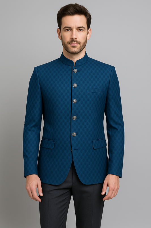 Royal Blue Textured Bandhgala Blazer – Regular Fit (Indian Collection)