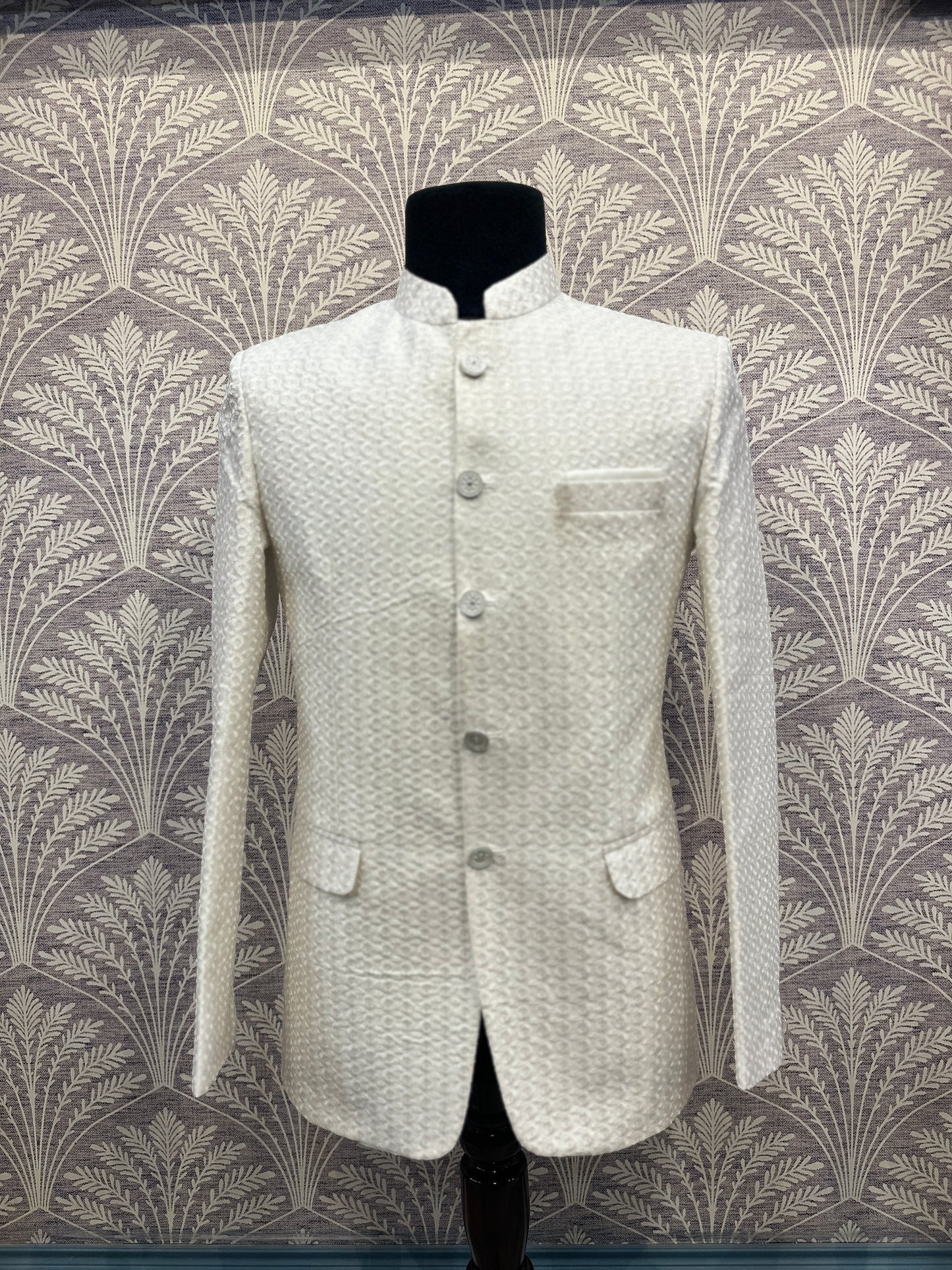 Ivory Jacquard Bandhgala Blazer – Regular Fit (Indian Collection)