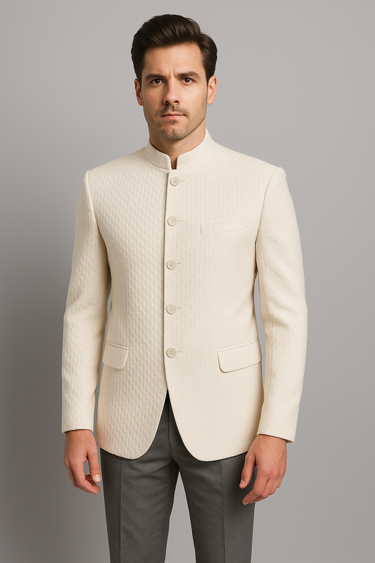 Ivory Jacquard Bandhgala Blazer – Regular Fit (Indian Collection)