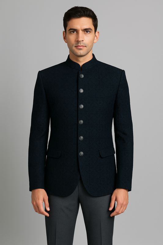 Deep Teal Floral Jacquard Bandhgala Blazer – Regular Fit (Indian Collection)