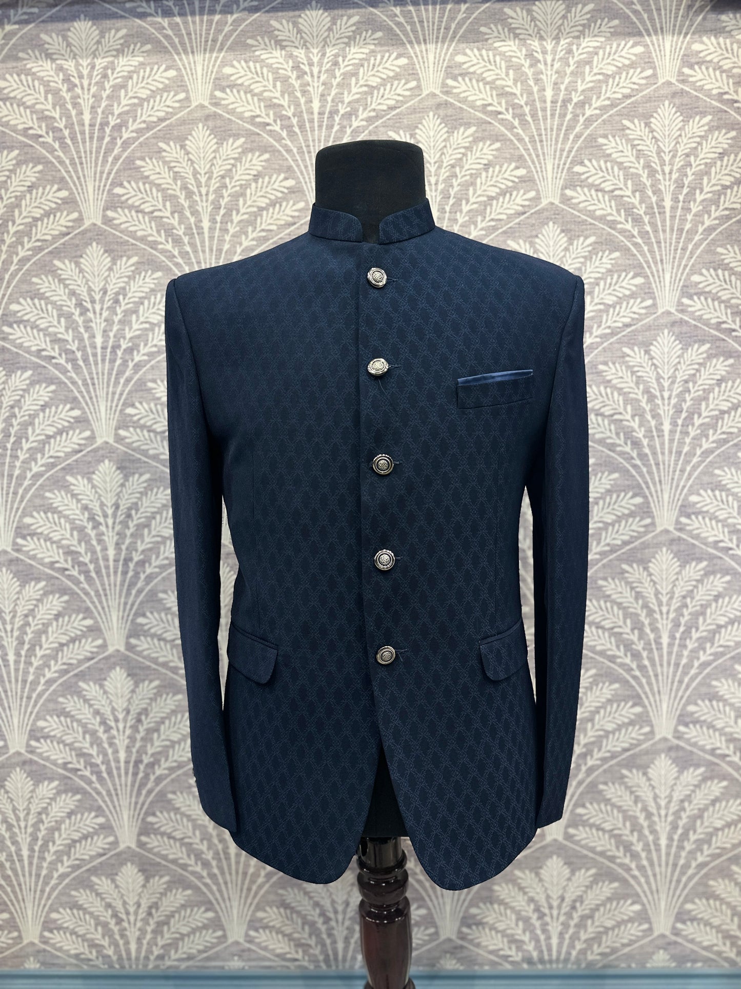 Navy Blue Jacquard Bandhgala Blazer – Regular Fit (Indian Collection)