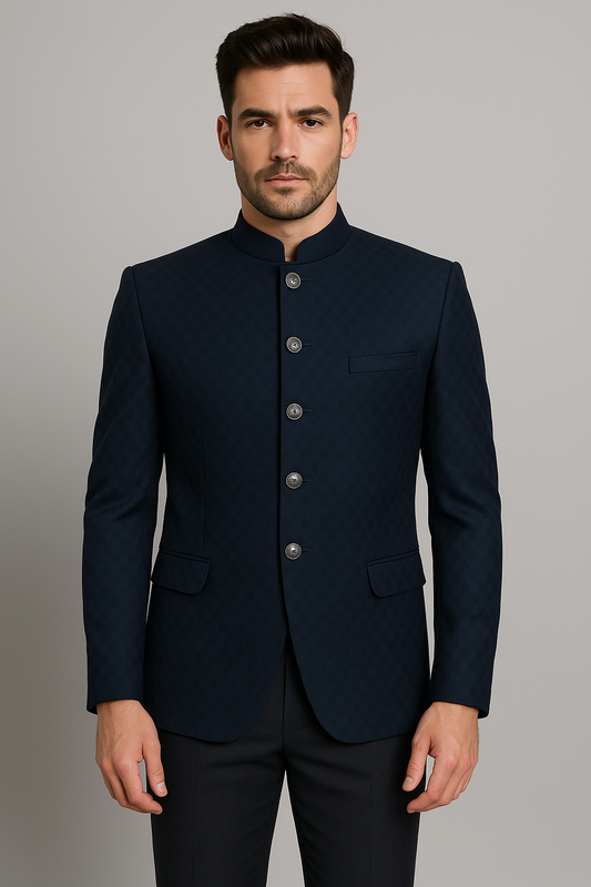 Navy Blue Jacquard Bandhgala Blazer – Regular Fit (Indian Collection)