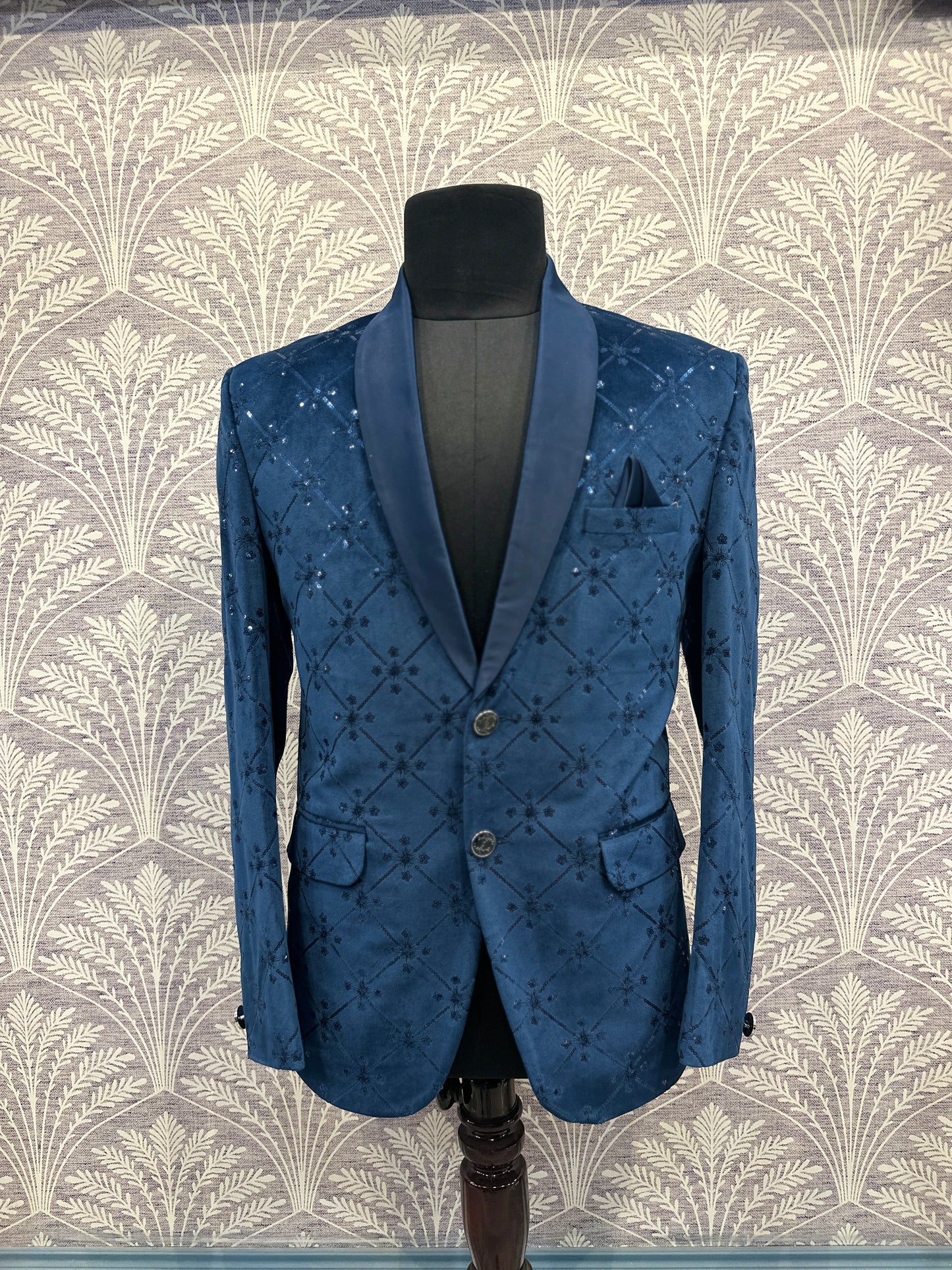 Navy Blue Embroidered Velvet Blazer – Regular Fit (Indian Collection)
