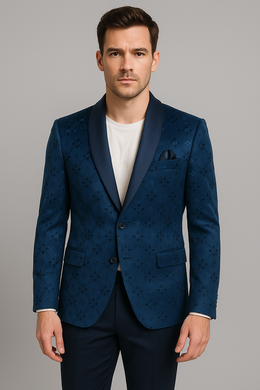 Navy Blue Embroidered Velvet Blazer – Regular Fit (Indian Collection)